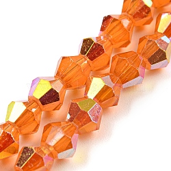 Baking Painted Transparent Glass Beads Strands, Half Electroplate, AB Color Plated, Faceted, Bicone, Dark Orange, 6x5.5mm, Hole: 1mm, about 47pcs/strand, 10.24''(26cm)(GLAA-F029-TM6mm-04)
