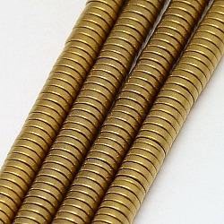 Electroplate Non-magnetic Synthetic Hematite Beads Strands, Frosted, Heishi Beads, Flat Round/Disc, Grade A, Golden Plated, 4x1mm, Hole: 1mm, about 400pcs/strand, 16 inch(G-J164B-4mm-07)