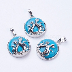 Synthetic Turquoise Pendants, with Brass Findings, Flat Round with Fox, Platinum, 28~29x23~24x9~10mm, Hole: 5x7mm(G-K234-A02)