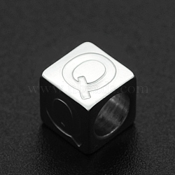 Non-Tarnish 201 Stainless Steel European Beads, Large Hole Beads, Horizontal Hole, Cube, Stainless Steel Color, Letter.Q, 7x7x7mm, Hole: 5mm(STAS-N090-LA062-Q)