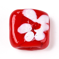 Handmade Lampwork Beads, Square with Flower, Red, 15~16x15x8mm, Hole: 1.4~1.5mm(LAMP-T021-21D)