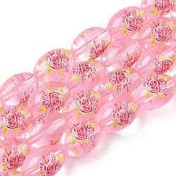 Flower Picture Printed & Spray Painted Transparent Glass Beads, Oval, Pink, 15x10mm, Hole: 1.4mm(GLAA-S047-07A-C01-A)