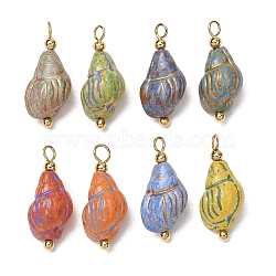 Baking Paint & Golden Metal Enlaced Glass Pendants, Picasso Beaded Pendants, Conch Charm, with Brass Loops, Real 18K Gold Plated, Mixed Color, 23x9x10mm, Hole: 2.3mm(GL-CBA010C-07G)