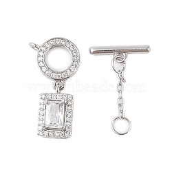 Rack Plating Brass Micro Pave Clear Cubic Zirconia Toggle Clasps, Long-Lasting Plated, Lead Free & Cadmium Free, Rectangle, with Jump Ring, Platinum, 42x14x5mm, Hole: 1mm(KK-S384-22P)