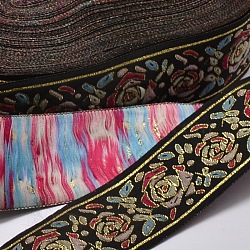 Polyester Ribbons, with Flower Pattern, Jacquard Ribbon, Black, 1-5/8 inches(40mm); 33yards/roll(30.1752m/roll)(OCOR-L018-42A-40mm)