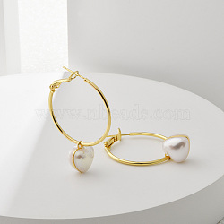 Brass Heart Hoop Earrings, with Plastic Imitation Pearl, Real 14K Gold Plated, 43x12.5mm(EJEW-A121-13G)