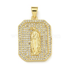 Virgin Mary Theme Rack Plating Brass Micro Pave Clear Cubic Zirconia Pendants, Long-Lasting Plated, Lead Free & Cadmium Free, Real 18K Gold Plated, Oval, Hexagon, 27.5x17x2.5mm, Hole: 4.5x3.5mm(KK-Z067-06G-03)