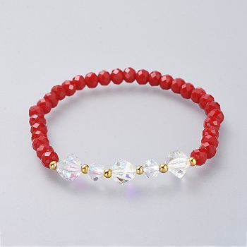 Stretch Bracelets, with Glass Beads and Brass Spacer, Red, 2-1/8 inch(5.3cm)