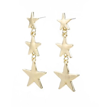 Triple Star Long Dangle Stud Earrings, Alloy Long Drop Earrings for Women, Cadmium Free & Nickel Free & Lead Free, Light Gold, 60x23.5mm, Pin: 0.7mm