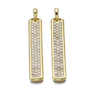 Brass Micro Pave Clear Cubic Zirconia Pendants, Nickel Free, Rectangle, Real 16K Gold Plated, 40x8x2.5mm, Hole: 3mm