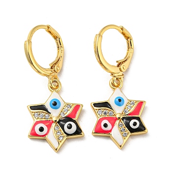 Real 18K Gold Plated Brass Dangle Leverback Earrings, with Enamel and Cubic Zirconia, Evil Eye, Red, 30.5x13mm