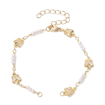 Handmade Butterfly Brass Link Chain Bracelet Making, with Glass Imitation Pearl & Lobster Claw Clasp, Fit for Connector Charms, Golden, 6-1/2 inch(16.5cm)
