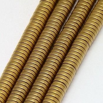 Electroplate Non-magnetic Synthetic Hematite Beads Strands, Frosted, Heishi Beads, Flat Round/Disc, Grade A, Golden Plated, 4x1mm, Hole: 1mm, about 400pcs/strand, 16 inch