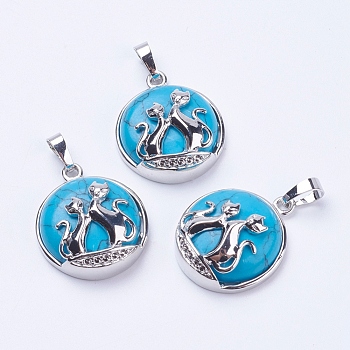 Synthetic Turquoise Pendants, with Brass Findings, Flat Round with Fox, Platinum, 28~29x23~24x9~10mm, Hole: 5x7mm