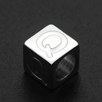 201 Stainless Steel European Beads, Large Hole Beads, Horizontal Hole, Cube, Stainless Steel Color, Letter.Q, 7x7x7mm, Hole: 5mm