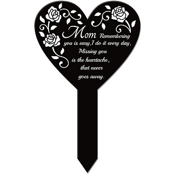 Acrylic Garden Stake, Ground Insert Decor, for Yard, Lawn, Garden Decoration, Heart with Memorial Words, June Rose, 258x158mm