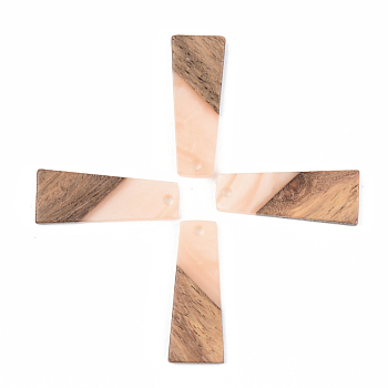 Opaque Resin & Walnut Wood Pendants, Trapezoid, Light Salmon, 30x12x3mm, Hole: 2mm