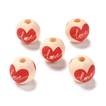Printed Wood European Beads, Large Hole Beads, Round with Heart and Word Love Pattern, Blanched Almond, 16x15mm, Hole: 4mm