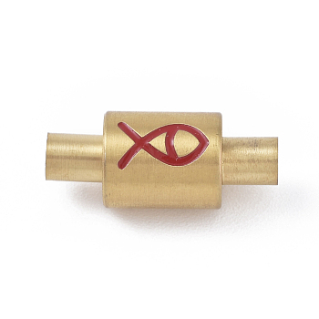 Easter Theme Vacuum Stainless Steel Magnetic Clasps with Glue-in Ends, with Enamel, Column, Jesus Fish Pattern, Golden, Red, 5.5~7.5x18~21mm, Hole: 3mm