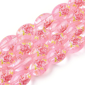 Flower Picture Printed & Spray Painted Transparent Glass Beads, Oval, Pink, 15x10mm, Hole: 1.4mm