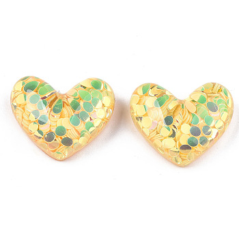 Acrylic Cabochons, with Glitter Sequins, Heart, Champagne Yellow, 19.5x24x9mm