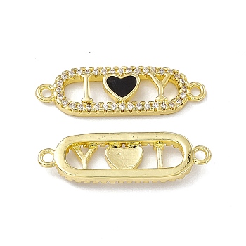 Rack Plating Brass Micro Pave Clear Cubic Zirconia Connector Charms, with Enamel, Cadmium Free & Lead Free, Oval with Heart Links, Real 18K Gold Plated, Black, 8.5x27x2.5mm, Hole: 1.5mm