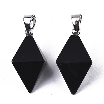 Natural Black Stone Double Terminated Pointed Pendants, with Platinum Plated Iron Pinch Bail, Bicone, 27~30x19~20x19~20mm, Hole: 7x4mm