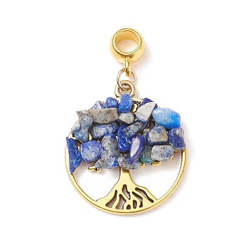 Natural Lapis Lazuli European Dangle Charms, Large Hole Pendant, with Alloy Findings, Flat Round with Tree of Life, Antique Golden, 39mm, Pendant: 28.5x25x5~7mm, Hole: 4.5mm