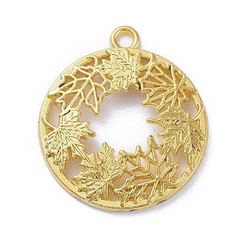 Autumn Theme Zinc Alloy Open Back Bezel Pendants, For DIY UV Resin, Epoxy Resin, Pressed Flower Jewelry, Flat Round with Maple Leaf, Golden, 34x30x3mm, Hole: 2.5mm