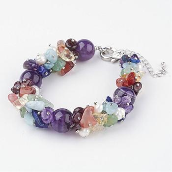 Gemstone Beaded Chakra Bracelets, with Lobster Claw Clasps, Platinum, Colorful, 7-1/2 inch(192mm)x1/2 inch~5/8 inch(12~16mm)