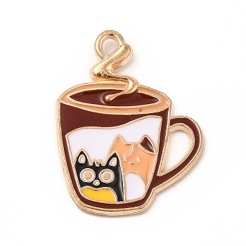 Alloy Enamel Pendant, Light Gold, Cup with Cat Charm, Coffee, 25x19x2mm, Hole: 1.6mm