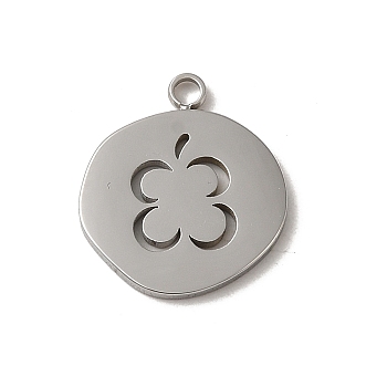 304 Stainless Steel Pendants, Flat Round with Flower Pattern Charm, Stainless Steel Color, 15x13x1mm, Hole: 1.6mm