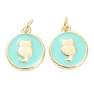 Brass Enamel Pendants, Long-Lasting Plated, Real 18K Gold Plated, Flat Round with Cat, Pale Green, 15.5x12.5x2mm, Hole: 3mm(ZIRC-J041-02E)