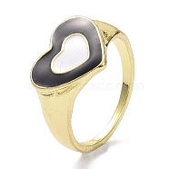 Heart Alloy Enamel Finger Rings, Light Gold, Black, 2mm, US Size 8 1/2(18.5mm)(RJEW-Z008-28LG-A)