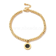 Vacuum Plating 304 Stainless Steel Roman Numeral Flat Round Charm Bracelet with Enamel, 201 Stainless Steel Round Beads Bracelet for Women, Golden, 8-7/8 inch(22.6cm)(BJEW-B057-11G)