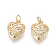 Golden Plated Brass Charms, with Cubic Zirconia and Jump Rings, Heart with Tree of Life, Clear, 12.5x10x2mm, Hole: 2.5mm(X-ZIRC-L087-038G)
