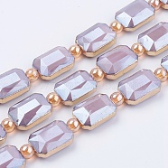 Opaque Glass Beads Strands, with Brass Findings, Pearl Luster Plated, Faceted, Rectangle, Thistle, 13x18x7mm, Hole: 1mm, about 10pcs/strand, 9 inch (23cm)(EGLA-P040-A06)