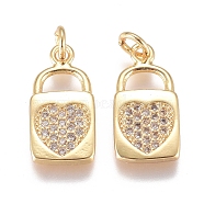 Brass Micro Pave Cubic Zirconia Pendants, Long-Lasting Plated, with Jump Ring, Lock with Heart, Clear, Golden, 15x7.5x2mm, Hole: 1.6mm(ZIRC-G168-17G)