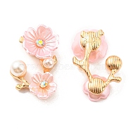 Zinc Alloy Cabochons, with Plastic Imitation Pearls and Rhinestones, Plum Blossom Branch, Pink, 23.5x15x6mm(FIND-C035-01G-03)