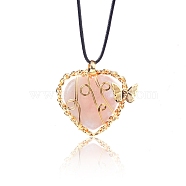 Natural Rose Quartz Metal Wire Wrapped Heart Pendants, Golden Plated Butterfly Charms, 42x37mm(PW-WG13885-02)