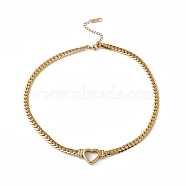 304 Stainless Steel Hollow Out Heart Charm Necklace with Cuban Link Chains for Women, Golden, 14.96 inch(38cm)(NJEW-P269-01G)