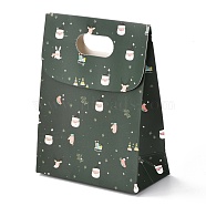 Christmas Themed Pattern Rectangle Kraft Paper Flip Bags, with Handle, Gift Bags, Shopping Bags, Dark Green, 14x6x16.5cm(CARB-L008-02S-02)