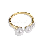 Shell Pearl Round Cuff Ring, 925 Sterling Silver Open Finger Ring for Women, Real 18K Gold Plated, Adjustable(RJEW-Q814-06G)