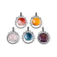 Natural Agate Pendants, with Platinum Plated Brass Findings, Dyed & Heated, Flat Round Charm, Mixed Color, 48x35x8~10mm, Hole: 4x6.5mm(G-N326-146)
