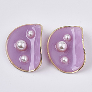 Epoxy Resin Pendants, with ABS Plastic Imitation Pearl and Light Gold Plated Brass Open Back Bezel, Curving Flat Round, Plum, 38~39x26~30x16~19mm, Hole: 1.5mm(RESI-N019-06C)