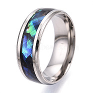 201 Stainless Steel Wide Band Finger Rings, with Shell, Size 13, Stainless Steel Color, 22.3mm(RJEW-T005-13-07)