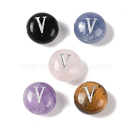 Natural Mixed Gemstone Beads, Flat Round with Letter, Letter V, 8.5~9x5~5.5mm, Hole: 1.2mm(G-L524-20V)