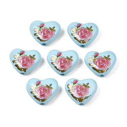 Flower Printed Opaque Acrylic Heart Beads, Sky Blue, 16x19x8mm, Hole: 2mm(SACR-S305-28-G04)