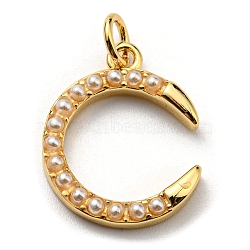 Brass Pendants, with Plastic Imitation Pearls and Jump Ring, Long-Lasting Plated, Lead Free & Cadmium Free, Double Horn/Crescent Moon Charm, Real 18K Gold Plated, 18x14x2.8mm, Hole: 3.2mm(KK-K341-26G)