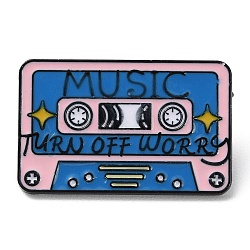 Cassette with Word Turn Off Worry Enamel Pins, Electrophoresis Black Zinc Alloy Brooch for Clothes Backpack, Marine Blue, 19x30x1.5mm(JEWB-I023-01B)